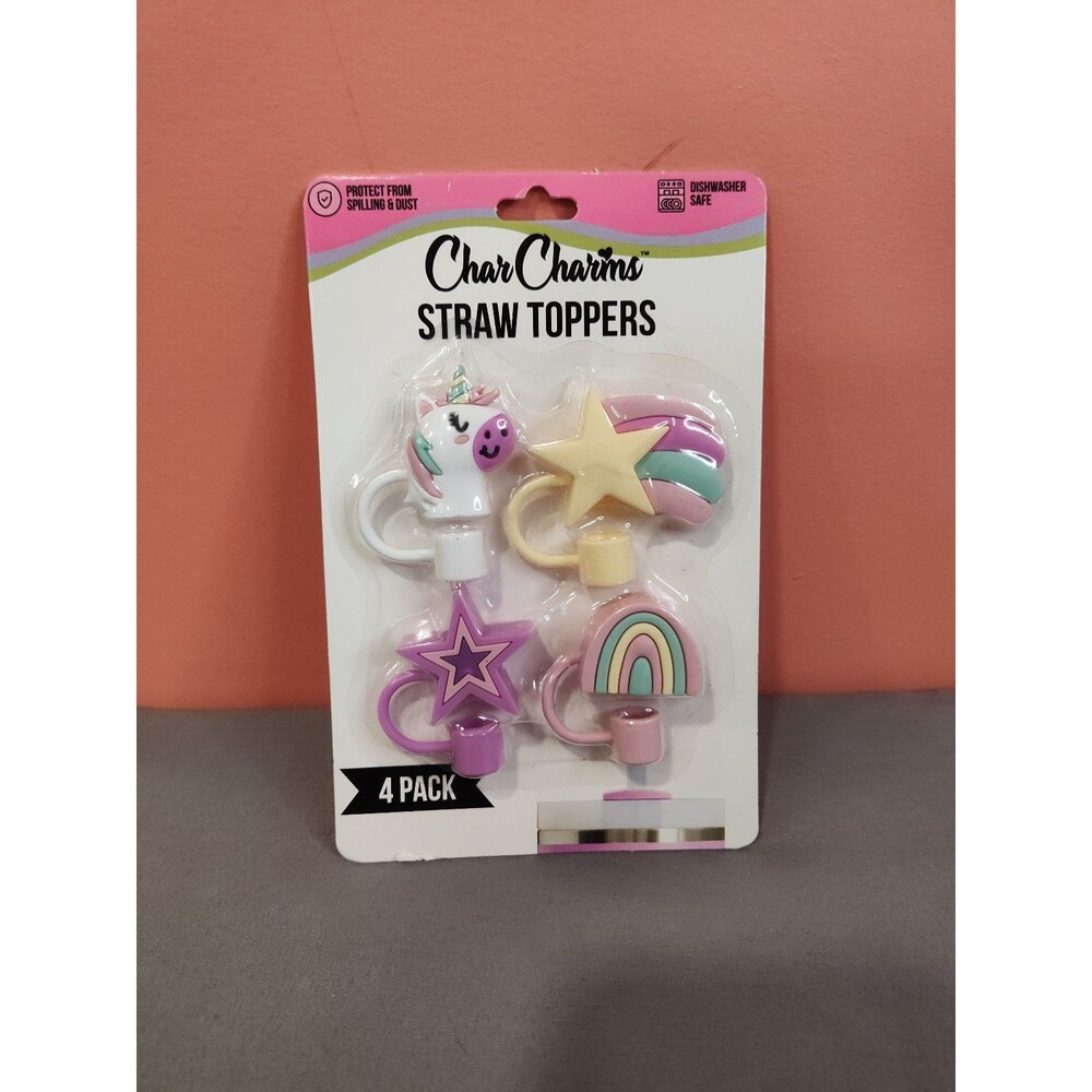 CharCharms Straw Toppers 4 Pack Unicorn Rainbow